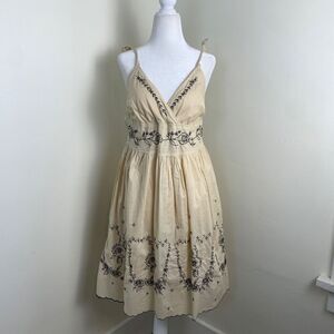 Hale Bob Embroidered Dress Floral S Beige Sleeveless Cotton Cottagecore Boho